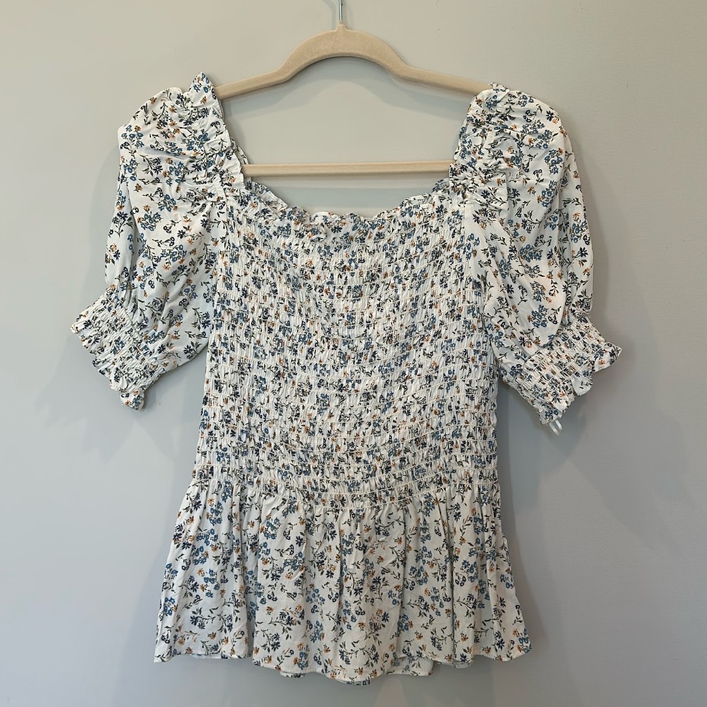 floral fitted peplum top with poofy sleeves